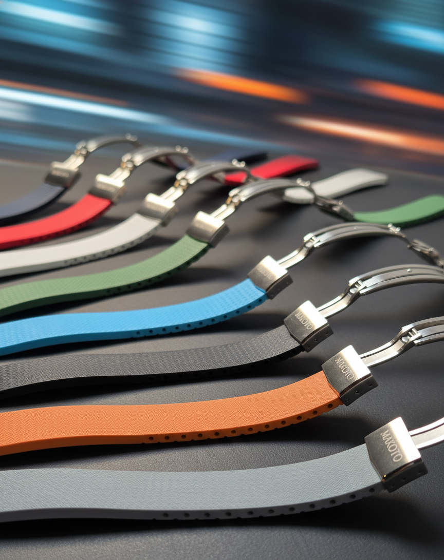 Colorful smartwatch bands arranged in a row on a surface.